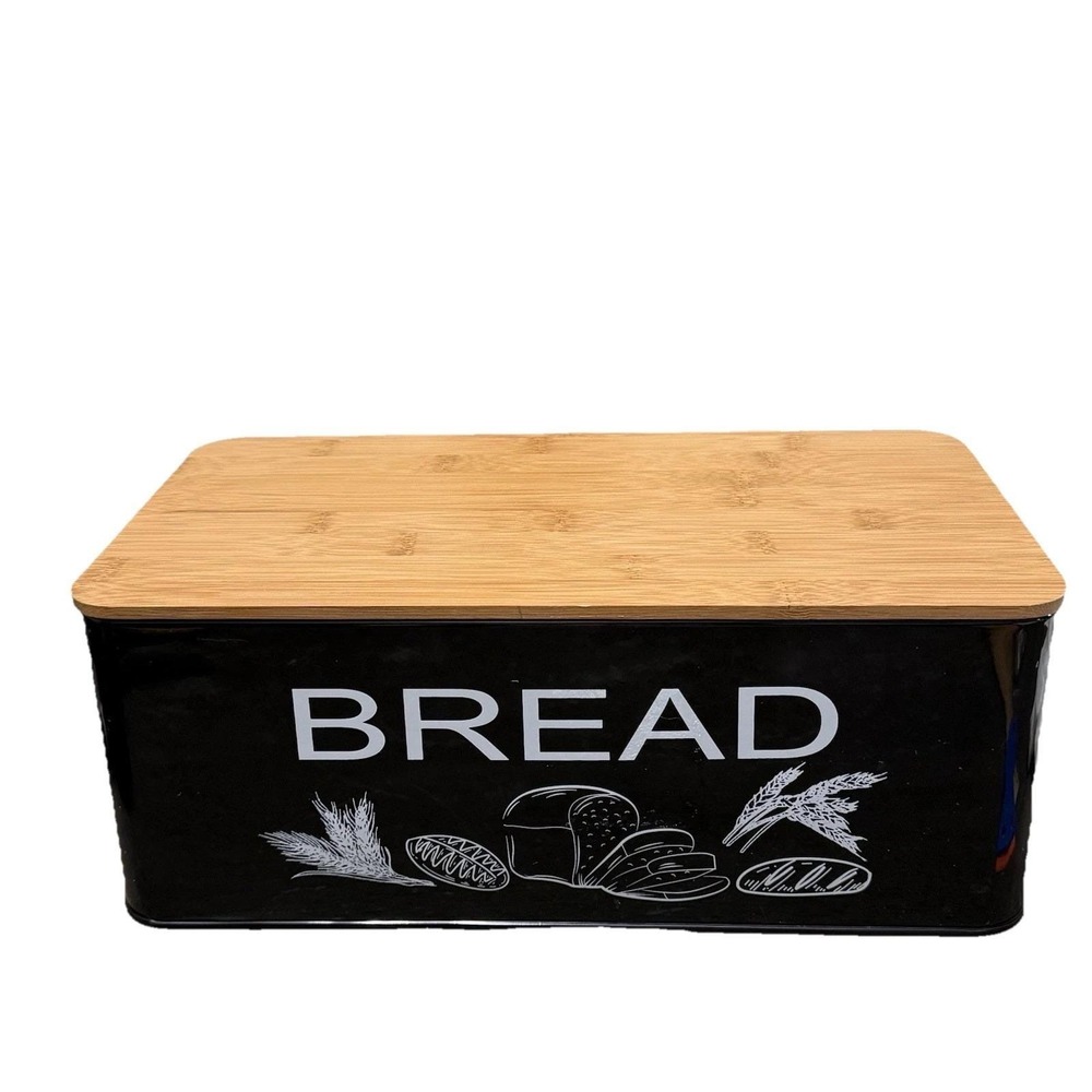 Black Metal Bread Box Bamboo Lid Farmhouse Kitchen Storage Bin Large